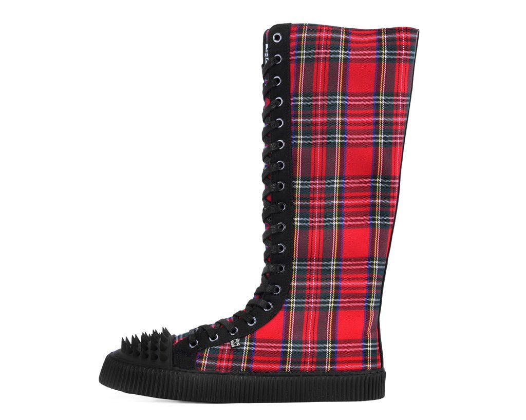A3483 Tartan Canvas Knee Hi Spike Toe Sneaker Boot Blackred T.U.K. Shoes