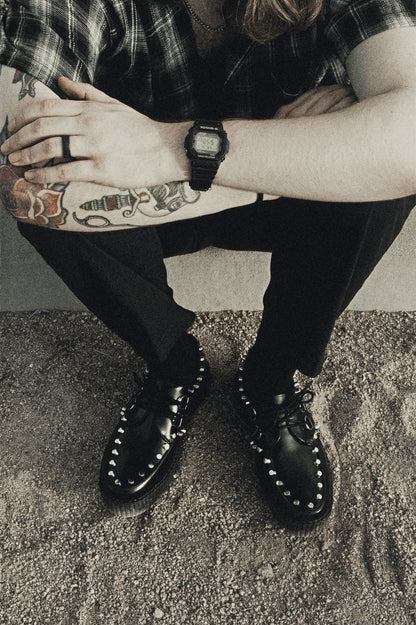 Black Leather Flat Studded Viva Mondo Creeper Black T.U.K. Shoes