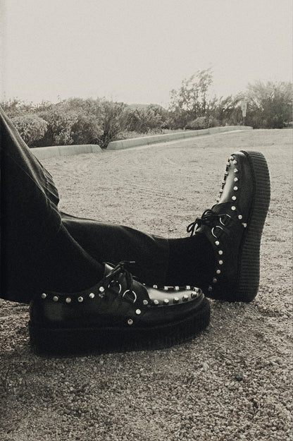 Black Leather Flat Studded Viva Mondo Creeper Black T.U.K. Shoes