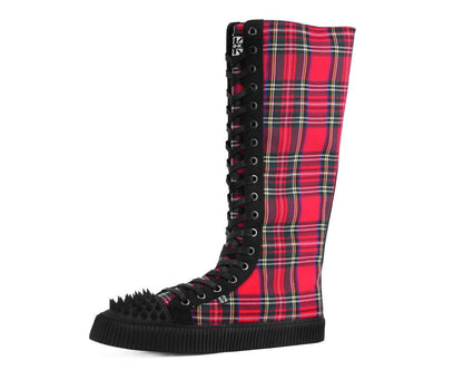 A3483 Tartan Canvas Knee Hi Spike Toe Sneaker Boot Blackred T.U.K. Shoes
