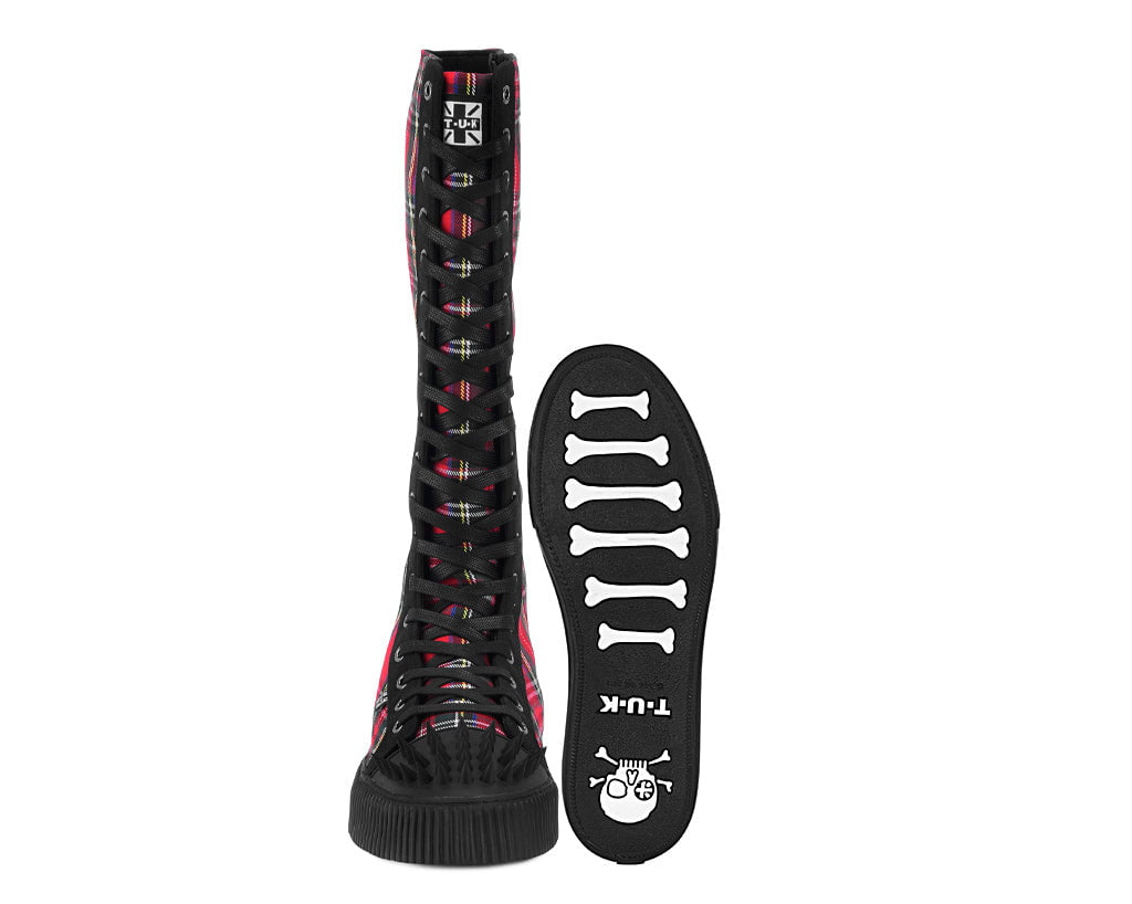 A3483 Tartan Canvas Knee Hi Spike Toe Sneaker Boot Blackred T.U.K. Shoes