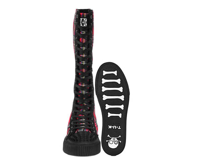 A3483 Tartan Canvas Knee Hi Spike Toe Sneaker Boot Blackred T.U.K. Shoes