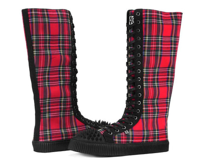 A3483 Tartan Canvas Knee Hi Spike Toe Sneaker Boot Blackred T.U.K. Shoes