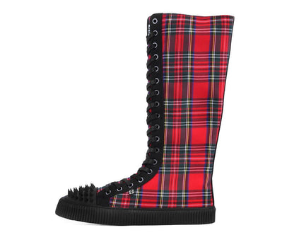 A3483 Tartan Canvas Knee Hi Spike Toe Sneaker Boot Blackred T.U.K. Shoes