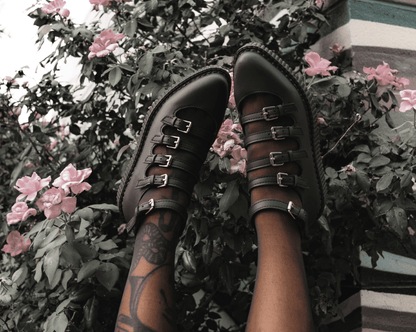 A9417L Black TUKskin™ Multi-Strap Pointed Mary Jane Creeper Black T.U.K. Shoes