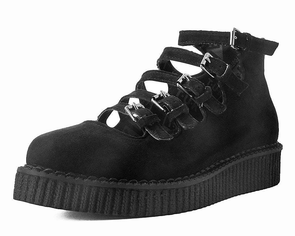 A9674L Black Faux Suede Multi-Strap Pointed Mary Jane Creeper Black T.U.K. Shoes