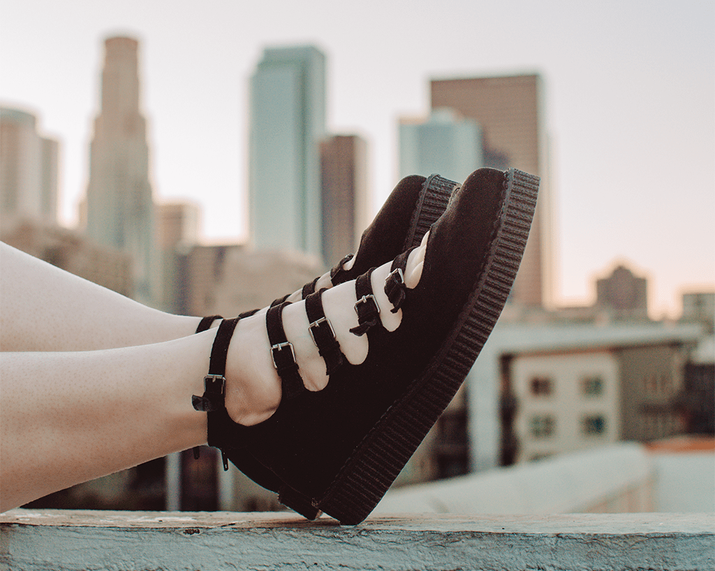 A9674L Black Faux Suede Multi-Strap Pointed Mary Jane Creeper Black T.U.K. Shoes