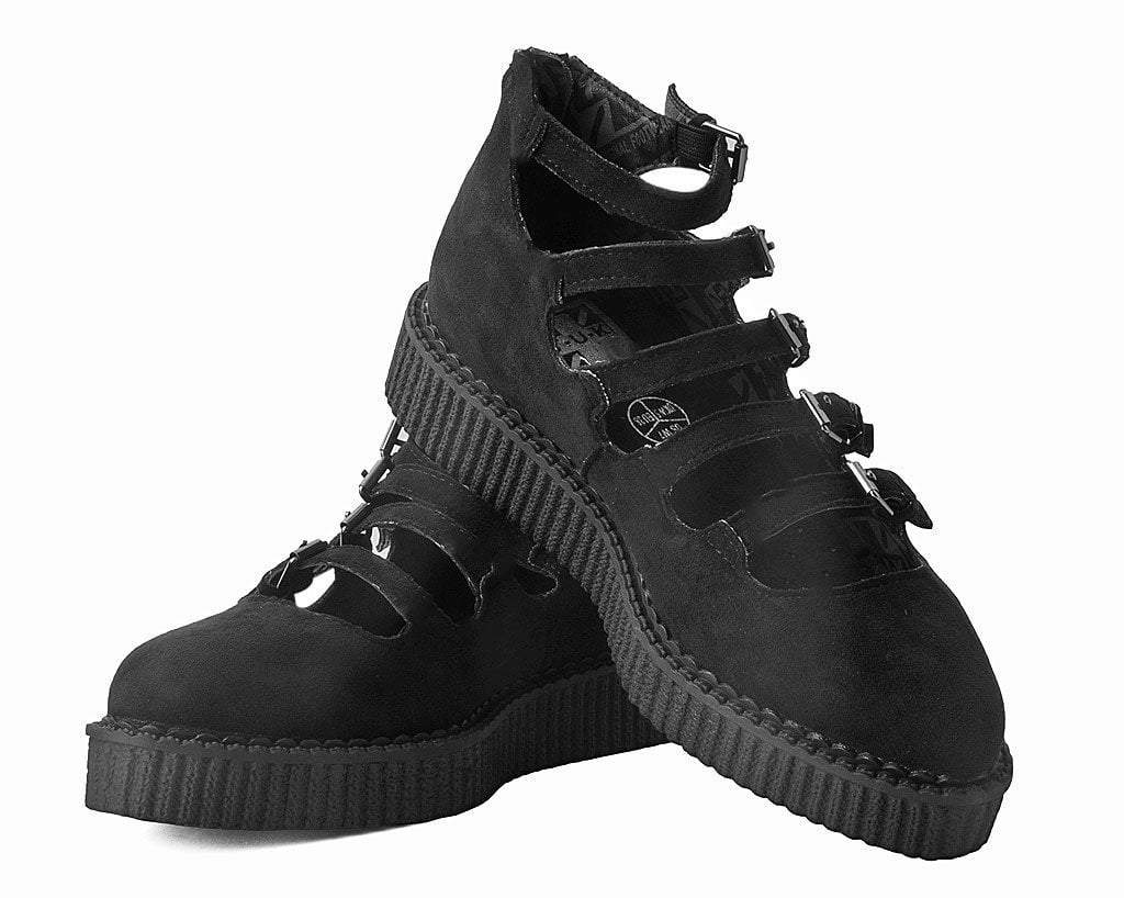 A9674L Black Faux Suede Multi-Strap Pointed Mary Jane Creeper Black T.U.K. Shoes