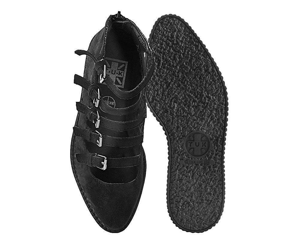A9674L Black Faux Suede Multi-Strap Pointed Mary Jane Creeper Black T.U.K. Shoes