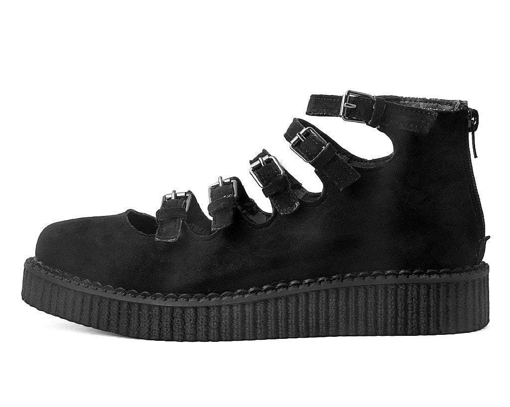 A9674L Black Faux Suede Multi-Strap Pointed Mary Jane Creeper Black T.U.K. Shoes