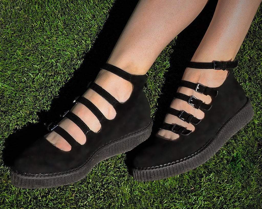 A9674L Black Faux Suede Multi-Strap Pointed Mary Jane Creeper Black T.U.K. Shoes