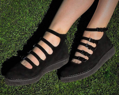 A9674L Black Faux Suede Multi-Strap Pointed Mary Jane Creeper Black T.U.K. Shoes