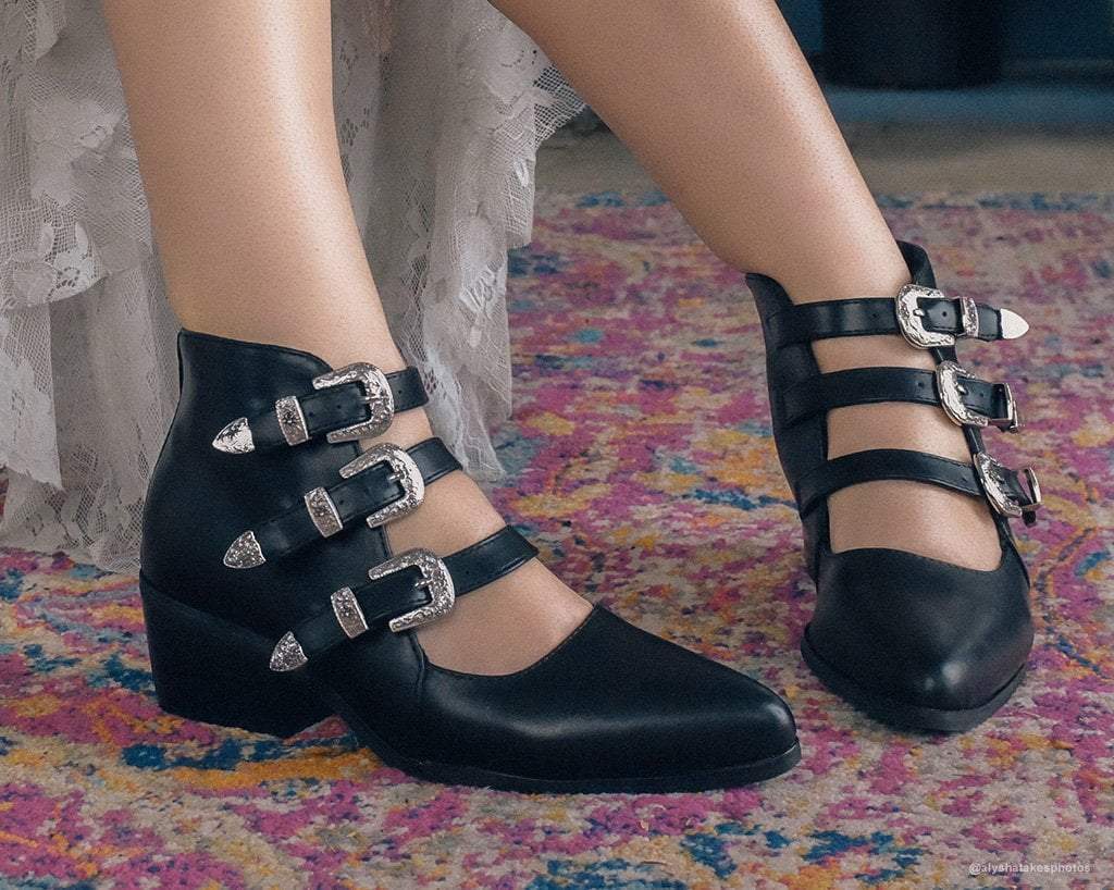 A9625L Black Western Buckle Block Heel Black T.U.K. Shoes