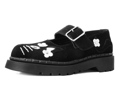 T2327 Black Suede Kitty Flower Mary Jane Black/White T.U.K. Shoes