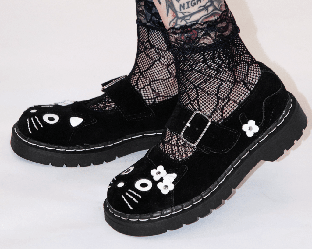 T2327 Black Suede Kitty Flower Mary Jane Black/White T.U.K. Shoes