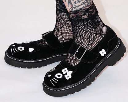 T2327 Black Suede Kitty Flower Mary Jane Black/White T.U.K. Shoes