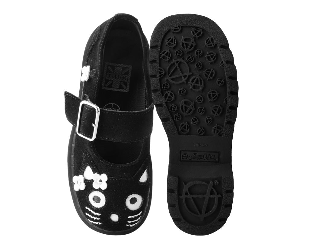 T2327 Black Suede Kitty Flower Mary Jane Black/White T.U.K. Shoes