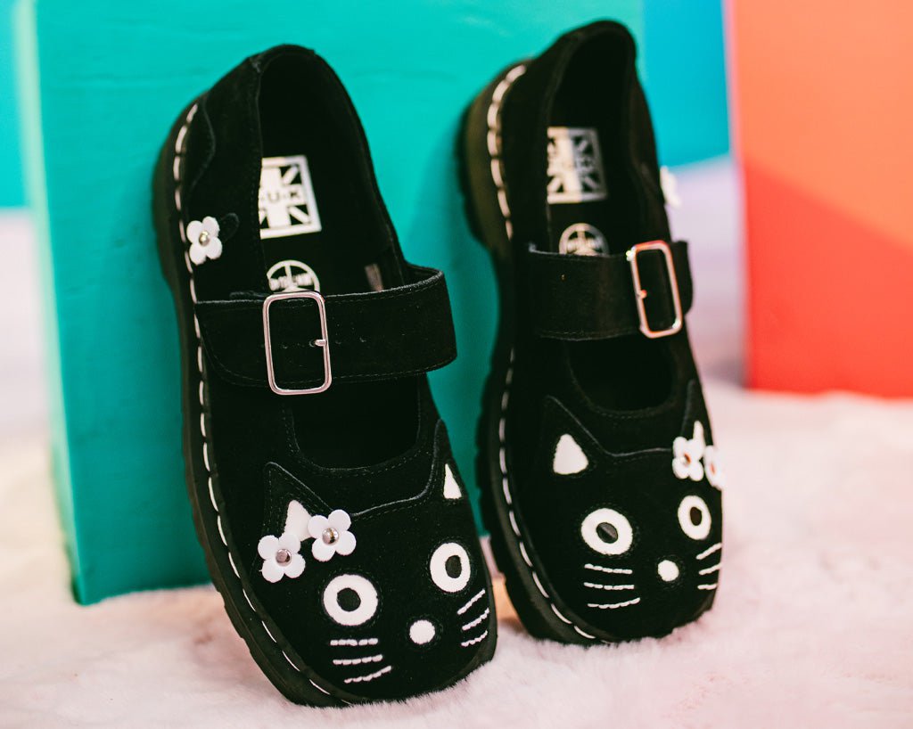 T2327 Black Suede Kitty Flower Mary Jane Black/White T.U.K. Shoes