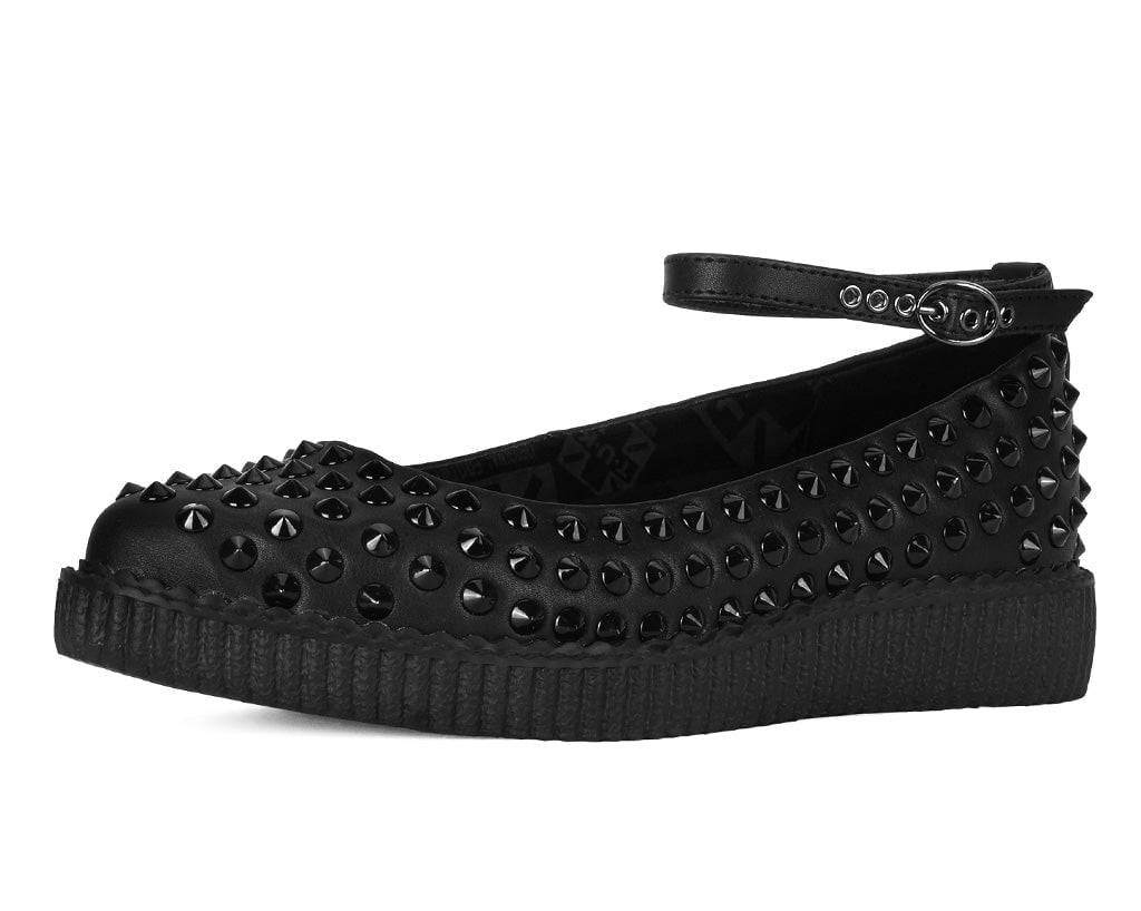 A9666L Black Spiked Pointed Ballet Ankle Strap Creeper Black T.U.K. Shoes
