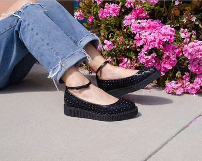 A9666L Black Spiked Pointed Ballet Ankle Strap Creeper Black T.U.K. Shoes