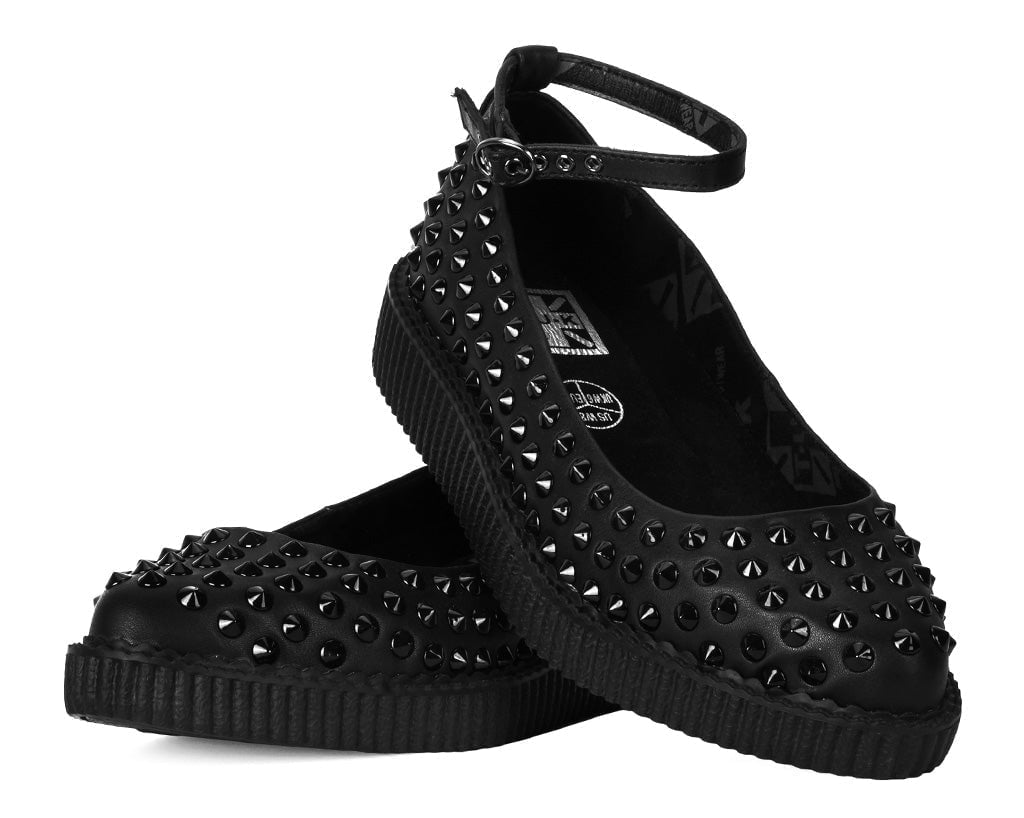 A9666L Black Spiked Pointed Ballet Ankle Strap Creeper Black T.U.K. Shoes
