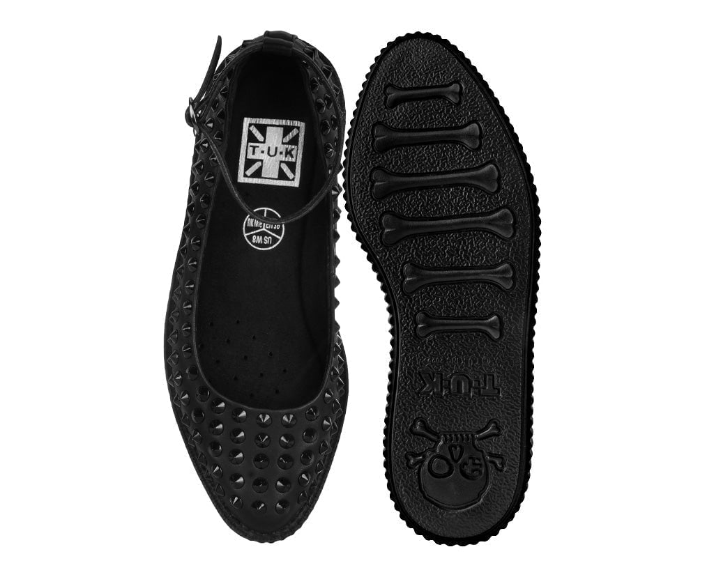 A9666L Black Spiked Pointed Ballet Ankle Strap Creeper Black T.U.K. Shoes