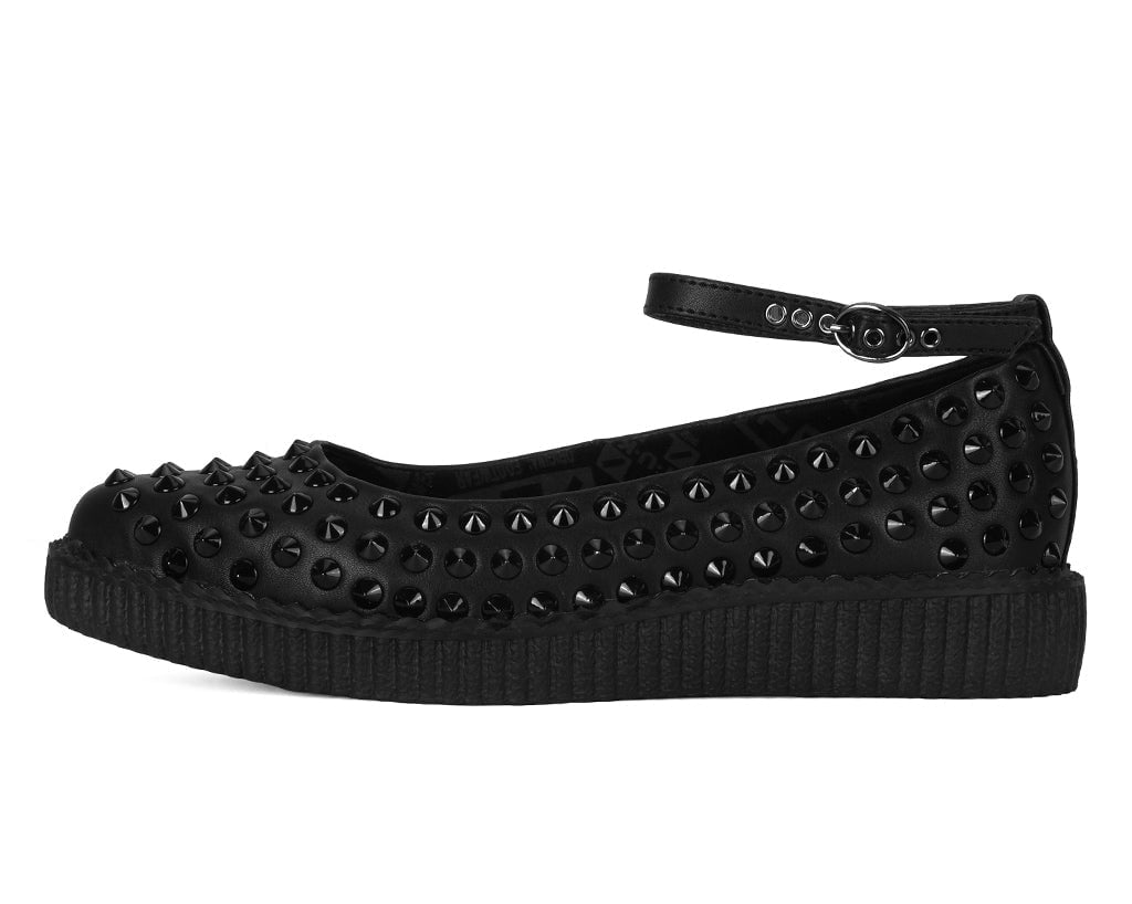 A9666L Black Spiked Pointed Ballet Ankle Strap Creeper Black T.U.K. Shoes