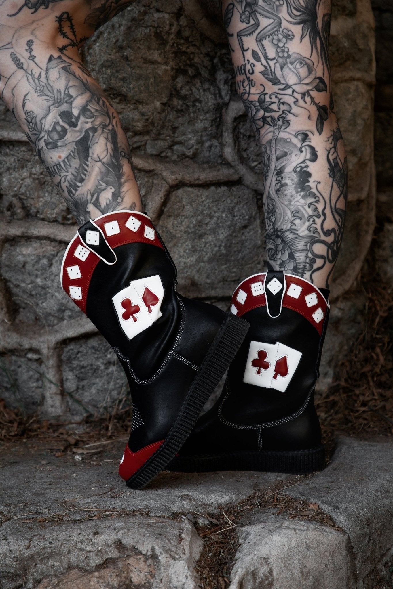 A3440 Black & Red Playing Cards Western Creeper Boot Blackred T.U.K. Shoes
