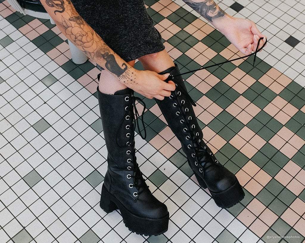 A9649L Distressed Knee-High Nosebleed Boot Black T.U.K. Shoes