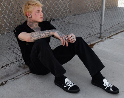 A3352 Black Skull Canvas Slip-On Sneaker Black/White T.U.K. Shoes