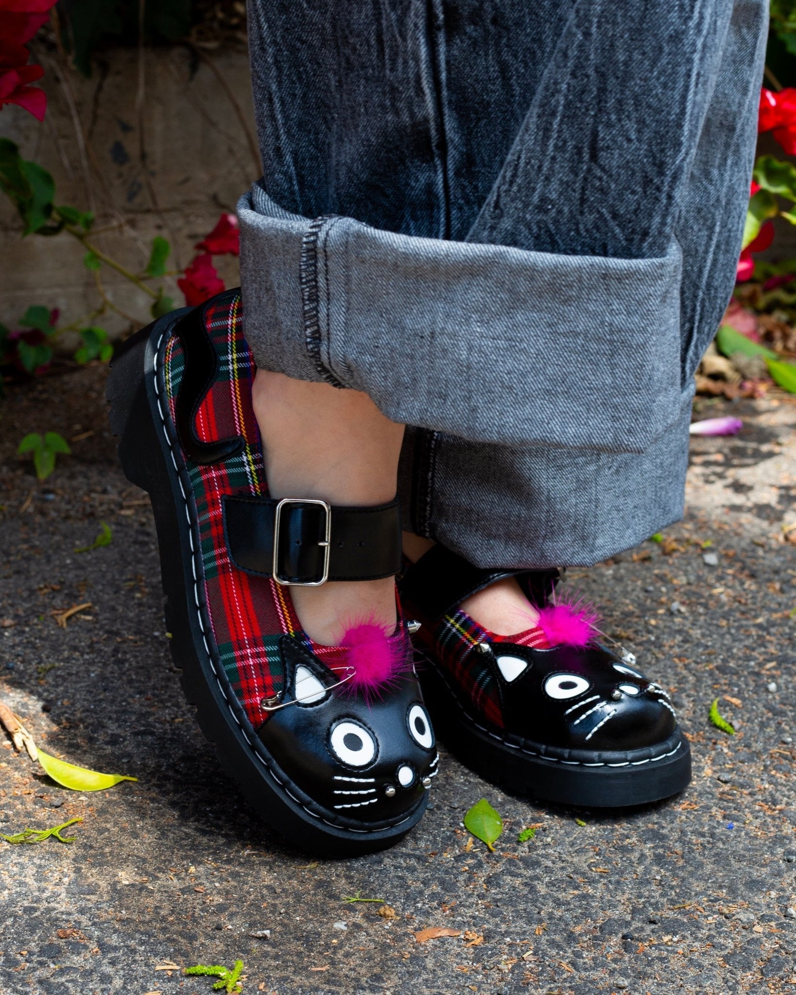 Tartan Punk Rock Kitty Mary Jane Black/ Tartan T.U.K. Shoes
