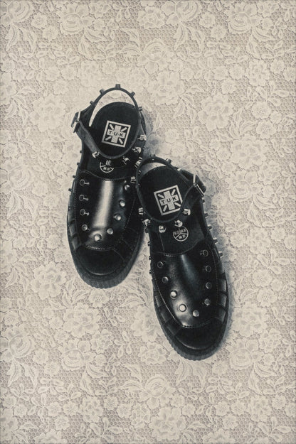 Black Leather Flat Studded Viva Mondo Sandal Black T.U.K. Shoes