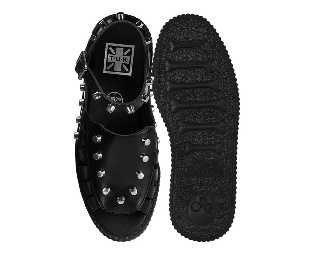 Black Leather Flat Studded Viva Mondo Sandal Black T.U.K. Shoes
