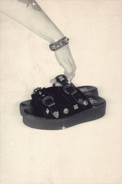 Black Suede Western 2 Strap Viva Mondo Sandal Black T.U.K. Shoes