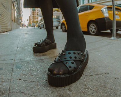 V3179L Black TUKskin™ Cross Strap Studded Sandal Black T.U.K. Shoes