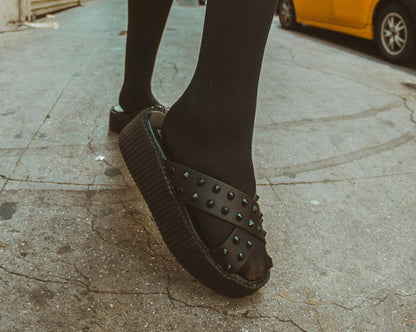 V3179L Black TUKskin™ Cross Strap Studded Sandal Black T.U.K. Shoes