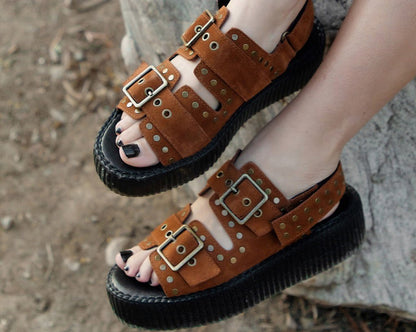 V3344L Brown Suede Flat Stud Viva Mondo Sandal Brown T.U.K. Shoes
