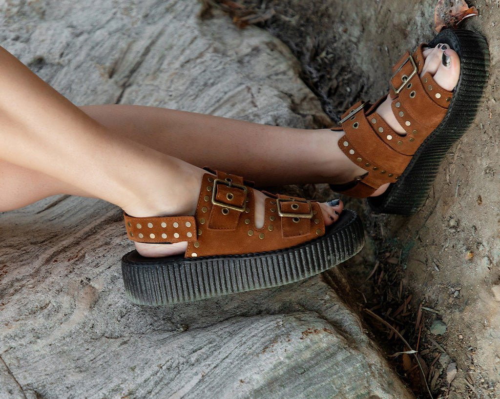 V3344L Brown Suede Flat Stud Viva Mondo Sandal Brown T.U.K. Shoes