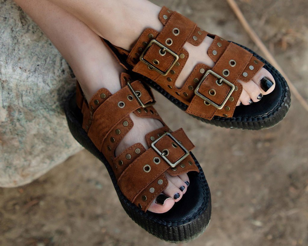 V3344L Brown Suede Flat Stud Viva Mondo Sandal Brown T.U.K. Shoes