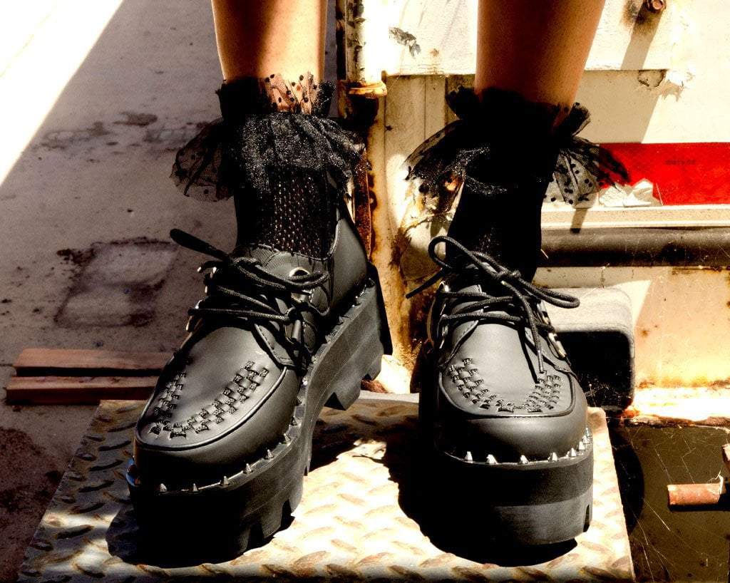 A9469 Black Faux Leather Dino Lug Sole Creeper Black T.U.K. Shoes
