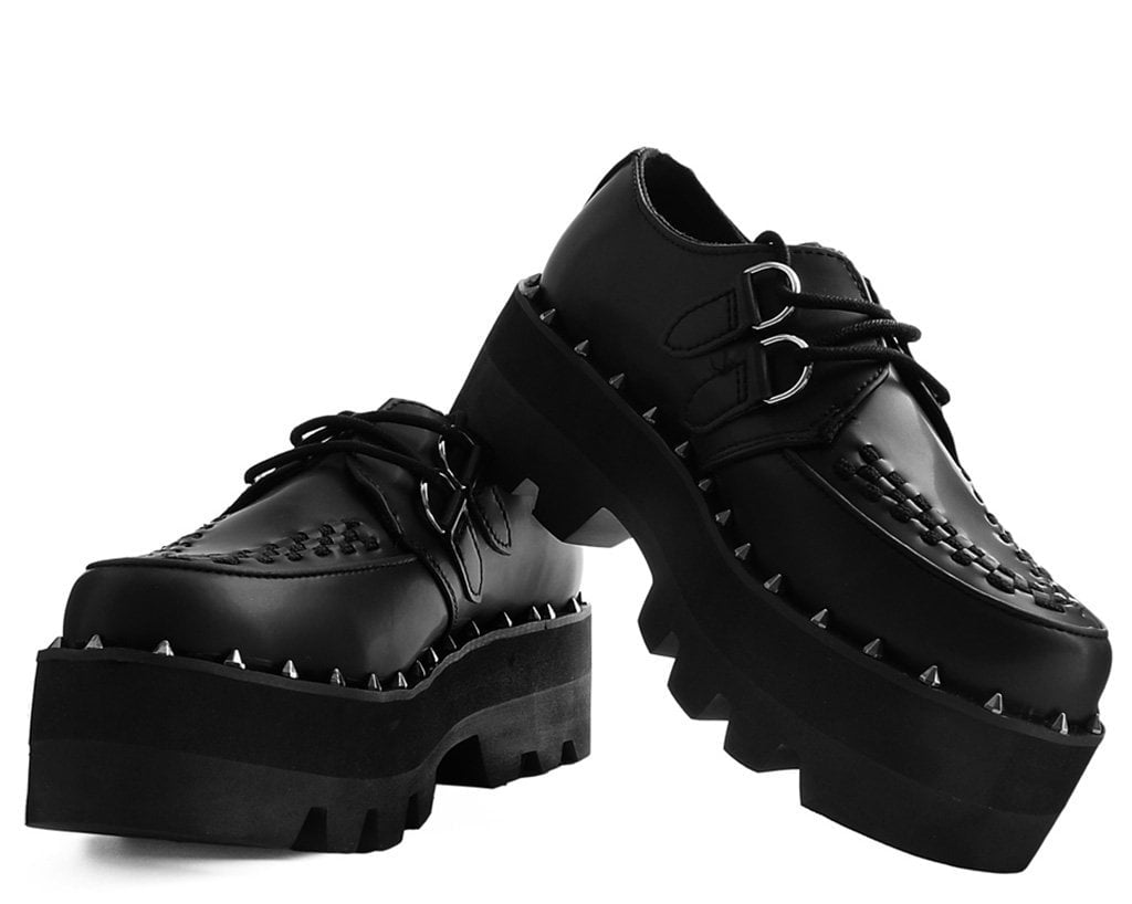 A9469 Black Faux Leather Dino Lug Sole Creeper Black T.U.K. Shoes