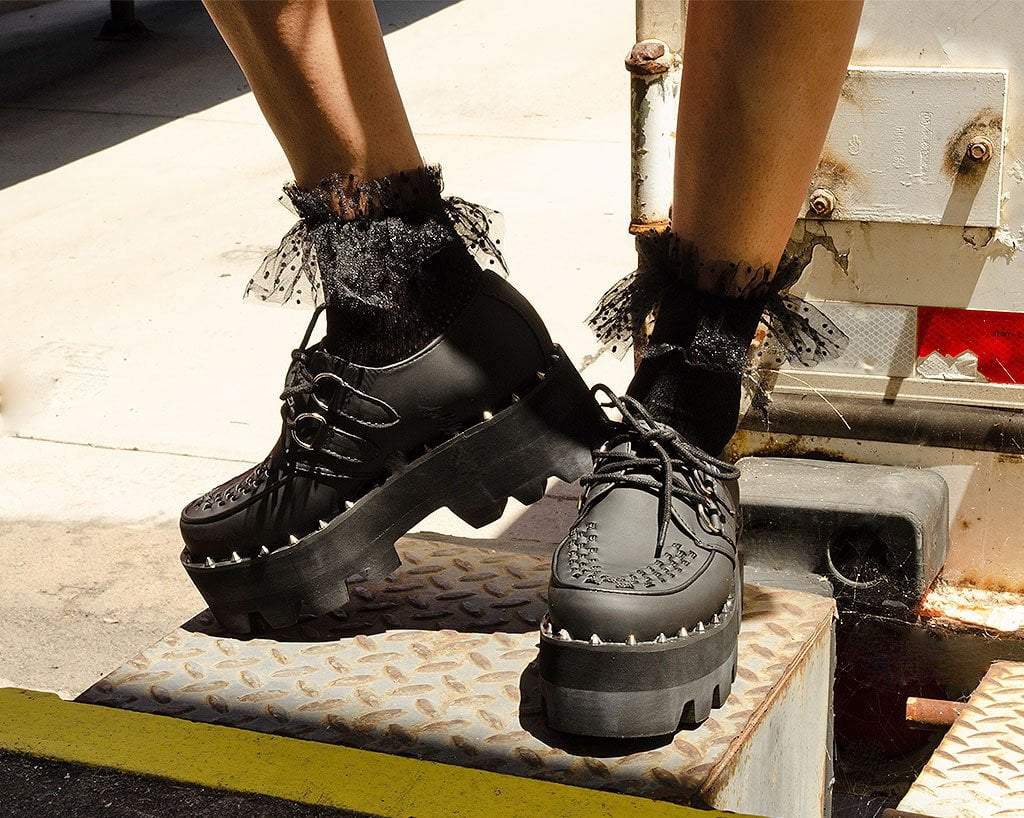 A9469 Black Faux Leather Dino Lug Sole Creeper Black T.U.K. Shoes