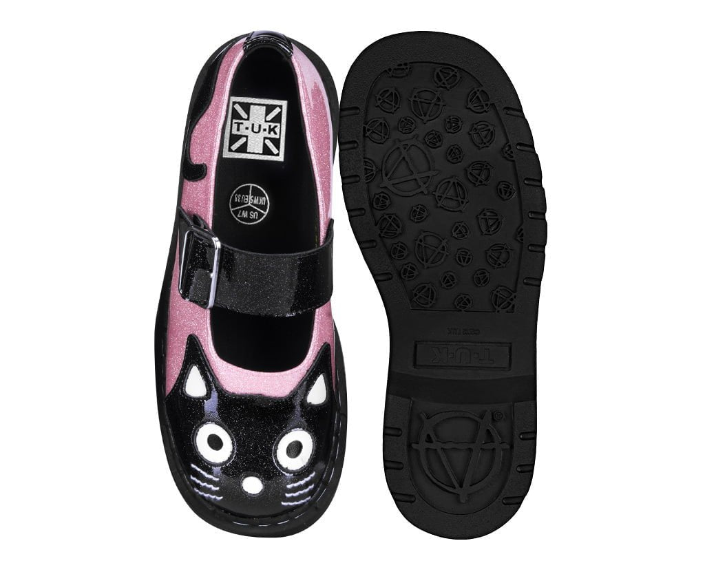 Black & Pink Vinyl Glitter Kitty Mary Jane Black /Pink T.U.K. Shoes