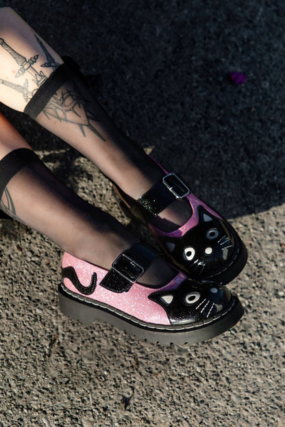 Black & Pink Vinyl Glitter Kitty Mary Jane Black /Pink T.U.K. Shoes
