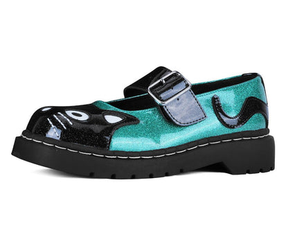 Black & Teal Vinyl Glitter Kitty Mary Jane Black /Teal T.U.K. Shoes