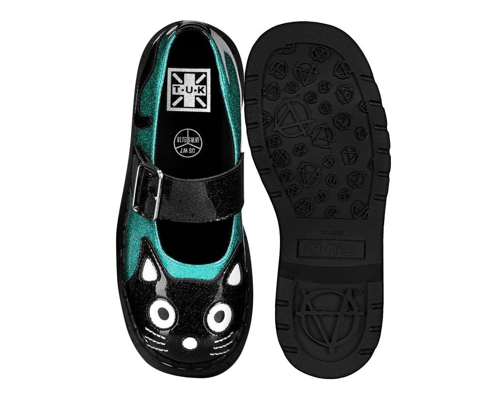 Black & Teal Vinyl Glitter Kitty Mary Jane Black /Teal T.U.K. Shoes