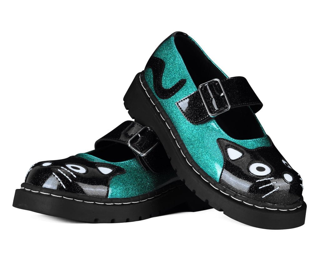 Black & Teal Vinyl Glitter Kitty Mary Jane Black /Teal T.U.K. Shoes