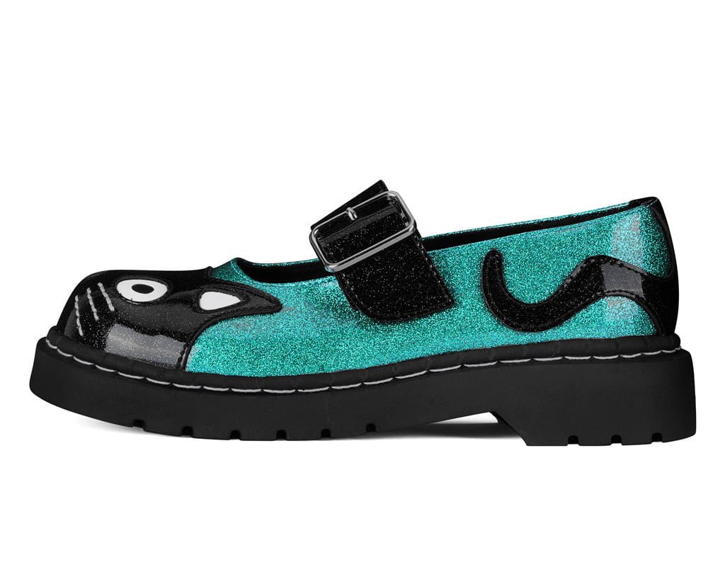 Black & Teal Vinyl Glitter Kitty Mary Jane Black /Teal T.U.K. Shoes