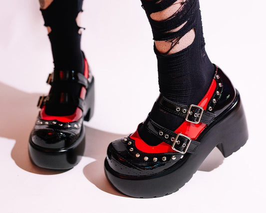 A3274L Black & Red Patent Brogue Bubble Mary Jane Black/Red T.U.K. Shoes