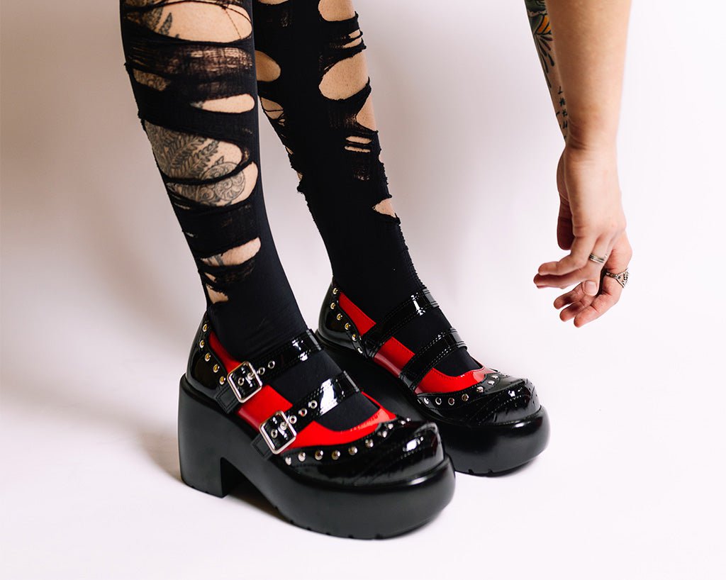 A3274L Black & Red Patent Brogue Bubble Mary Jane Black/Red T.U.K. Shoes
